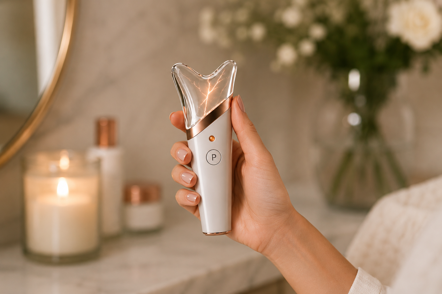 Hand holding the GlasSculpt Glow cordless high-frequency gua sha