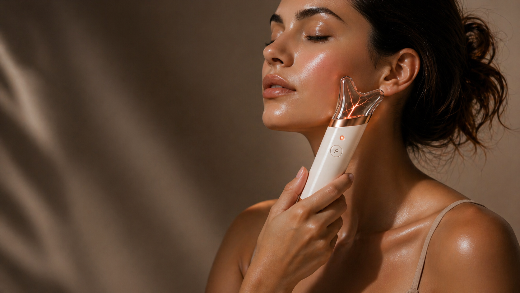 Woman using GlasSculpt Glow cordless gua sha